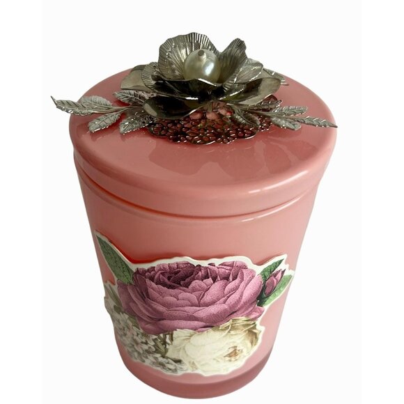 Peony Roses Large Vanity Jar Silver Leaf Encrusted Lid Tassle Vanity Jar Jeweled - Picture 4 of 6